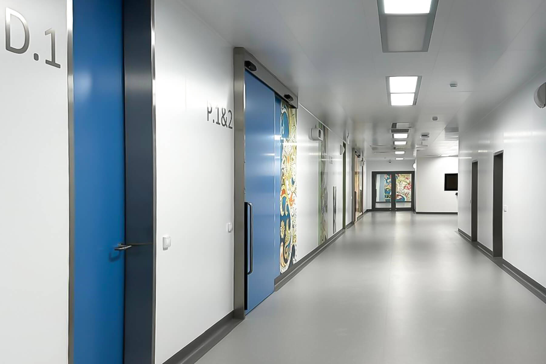 Corridor with automatic sliding doors in a hospital
