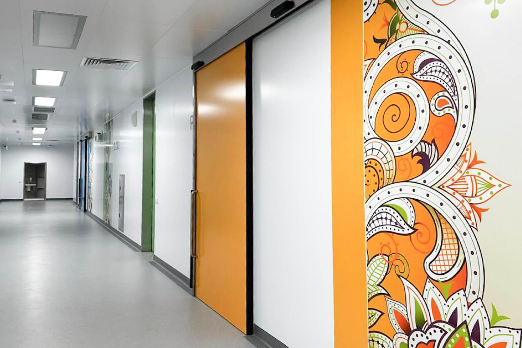 Corridor with automatic sliding doors in a hospital