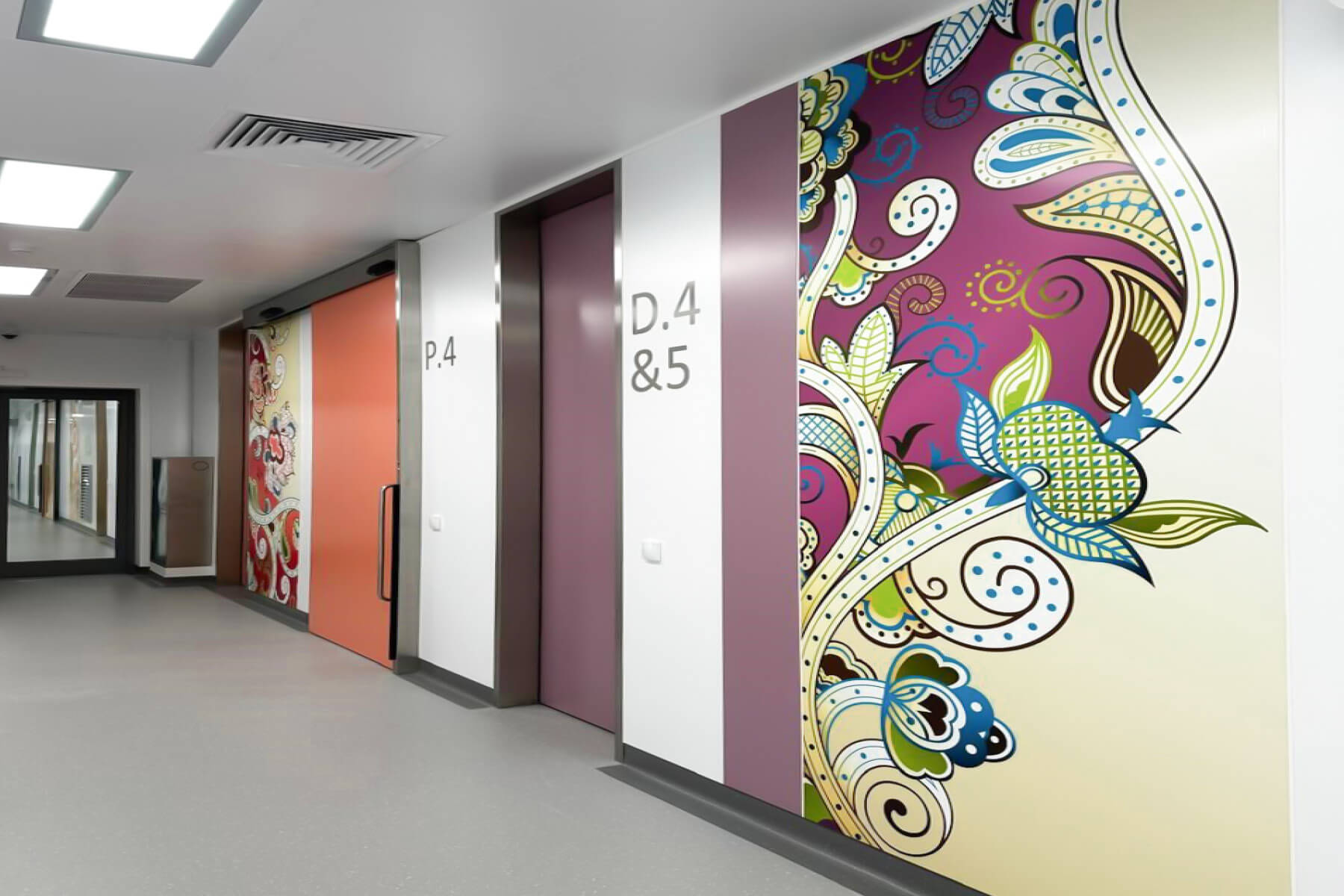 Corridor with automatic sliding doors in a hospital